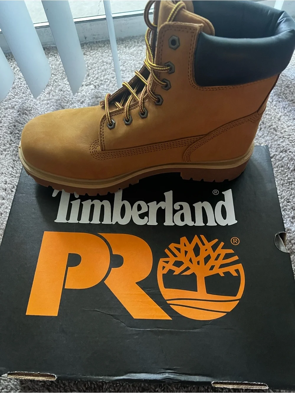Timberland PRO Wheat/Black Work Boot Box Featuring Orange Branding